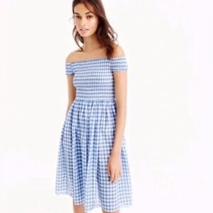 NWT J. Crew Blue/White Gingham Off the Shoulder Smocked  Dress Size XXS #1011